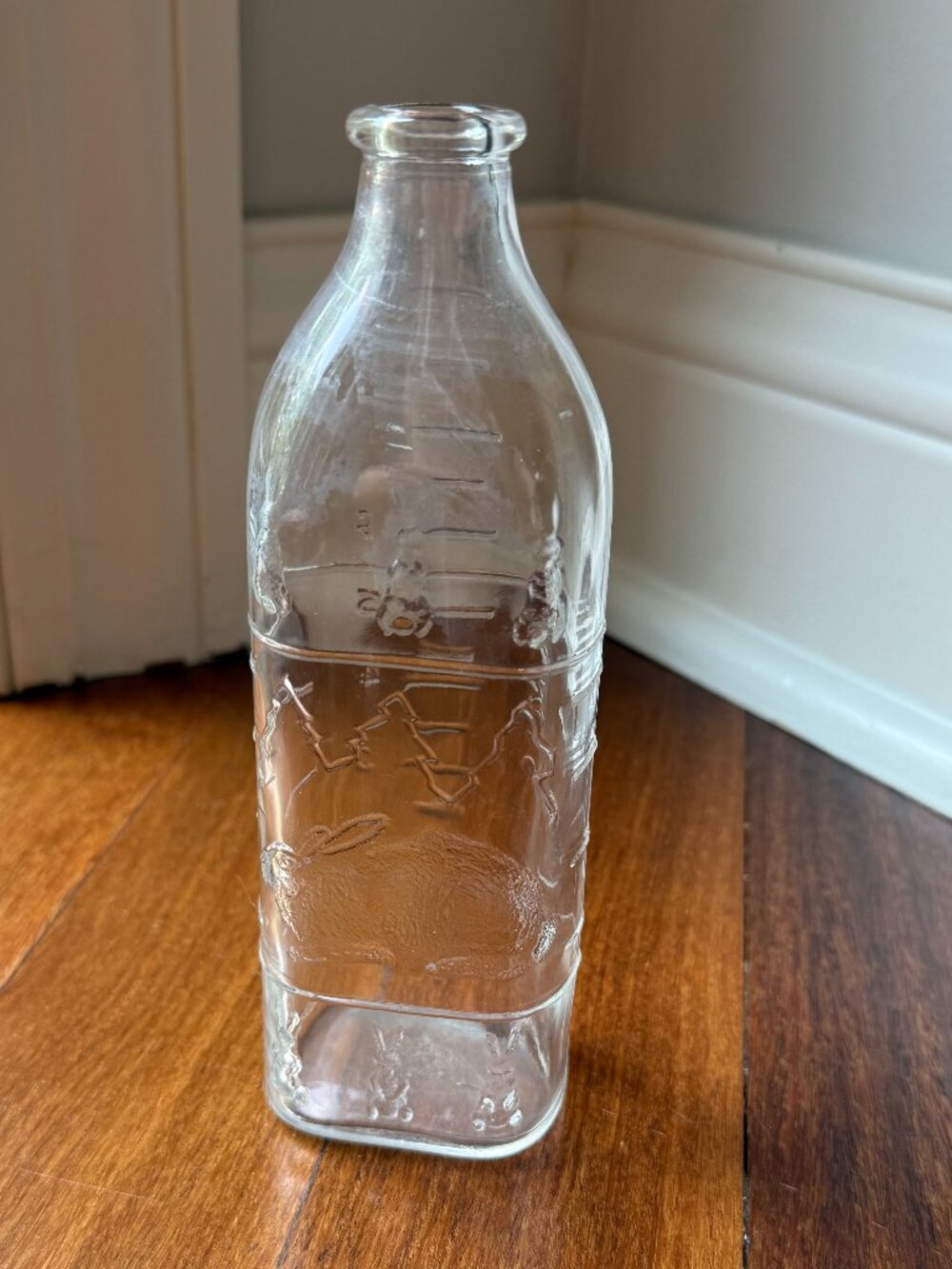 Vintage Hazel Atlas Glass Baby Bottle with Rabbit and Pine Trees Embossed